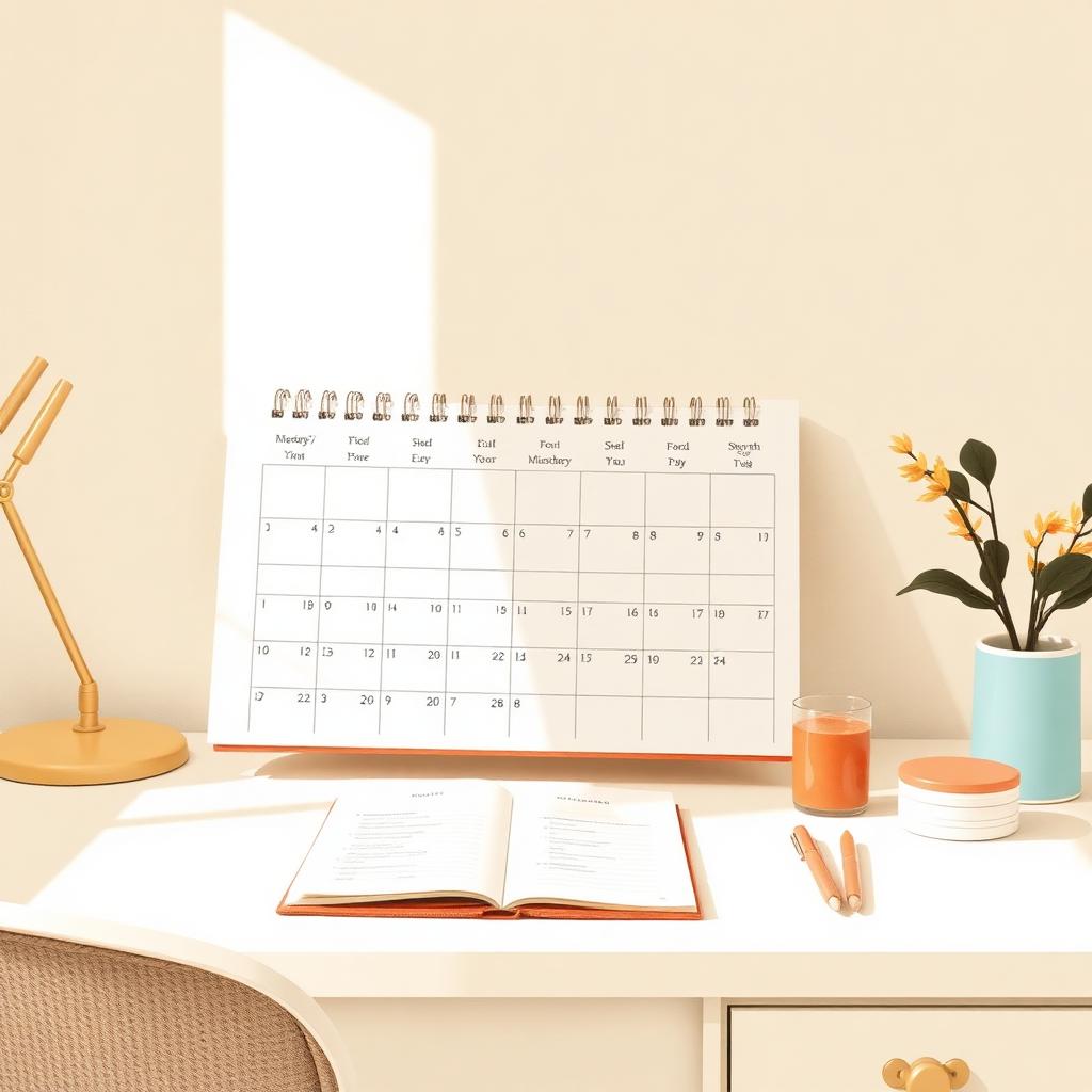 A cozy family calendar on a cream desk with warm Riviera tones